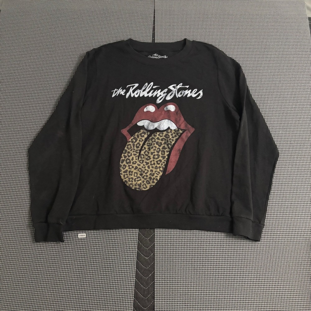 The Rolling Stones Leopard Tongue Graphic Sweatshirt Black Crew Neck Large